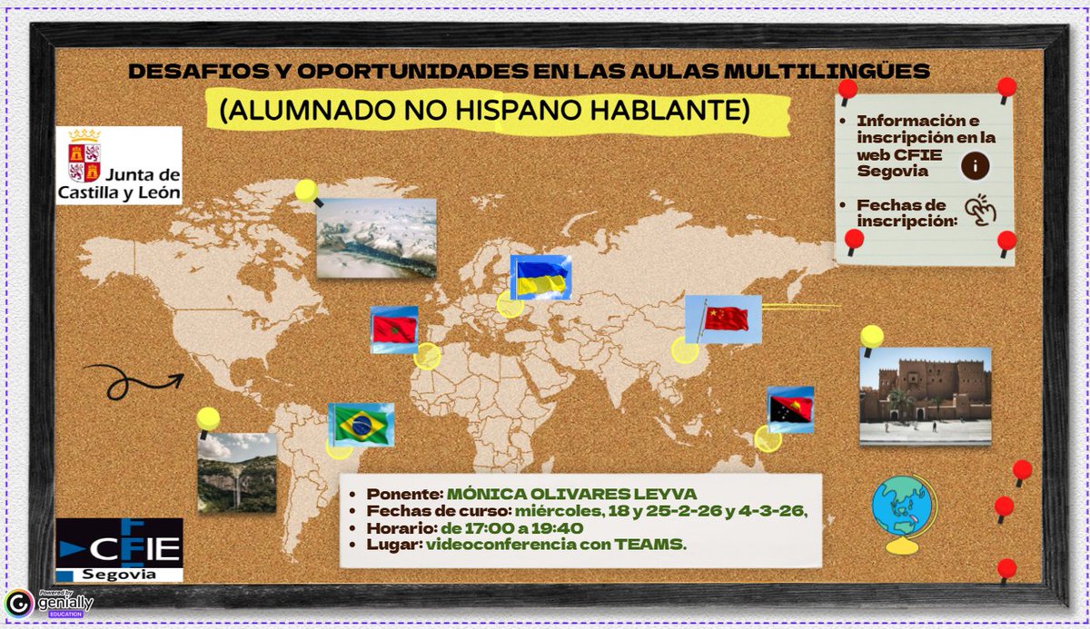 Curso: DESAFIOS Y OPORTUNIDADES EN LAS AULAS MULTILINGÜES (ALUMNADO NO HISPANO HABLANTE)
🗓️Fechas: 18-2-26, 25-2-26, 4-3-26
⏲️Horario: 17:00-19:40
📝Información-inscripción: <a href="/CFIE_Segovia/">CFIE de Segovia</a>
🧑‍🏫Ponente: MÓNICA OLIVARES LEYVA
🧑‍💻integración planificada de 2 o + lenguas en la enseñanza
