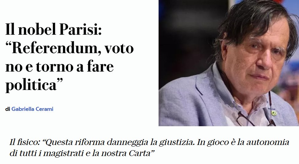 Il NOBEL PER LA FISICA PARISI PER IL NO AL REFERENDUM
"Questa riforma ha lo scopo politico di indebolire la magistratura. Noi ci schieriamo in difesa della sua indipendenza...."

repubblica.it/politica/2026/…