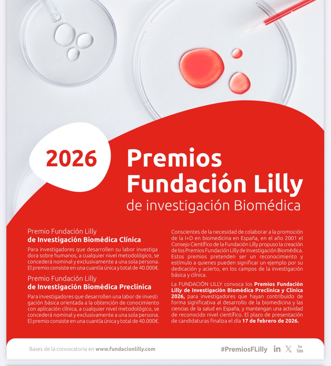 NoInvisibles's tweet image. Abierta hasta el 17 de febrero la convocatoria de los #PremiosFLilly de Investigación Biomédica‼️
en las categorías de #Preclínica y #Clínica.
Con ellos, @FundacionLilly, reconoce trayectorias científicas que hayan contribuido de forma significativa al desarrollo de la…