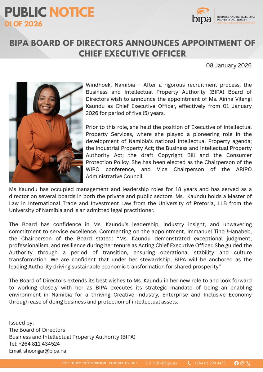 bipa_nam's tweet photo. Public Notice 01 of 2026- BIPA announces the appointment of Ms Ainna Vilengi Kaundu as Chief Executive Officer, effective 01 January 2026.
#PublicNotice #BIPANamibia #Leadership https://t.co/mH1O8nKmW8
