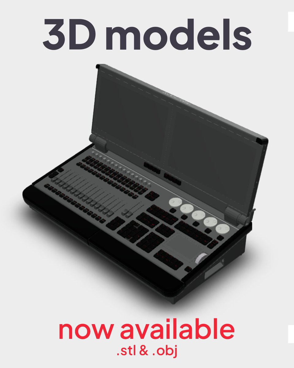 AvolitesLtd's tweet photo. Need accurate geometry for case design, layout planning, or visualisation?
We’ve released downloadable .STL and .OBJ files across the full console range.

Clean models. Correct scale. Ready to use.

Head to your console’s product page and look under Downloads.

#Avolites #AvoLife https://t.co/YNgrRgmp2Q