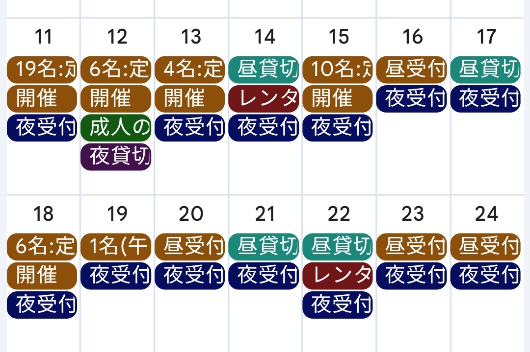 こんばんは、SURE SHOTです。
現在のご予約状況です。
11日㈰　現在19名
12日㈪　現在6名
13日㈫　現在4名
14日㈬　貸切済
15日㈭　現在10名
16日㈮　受付中
17日㈯　貸切済
18日㈰　現在6名

参加者まだまだ大募集‼️
エントリーお待ちしております👍️
