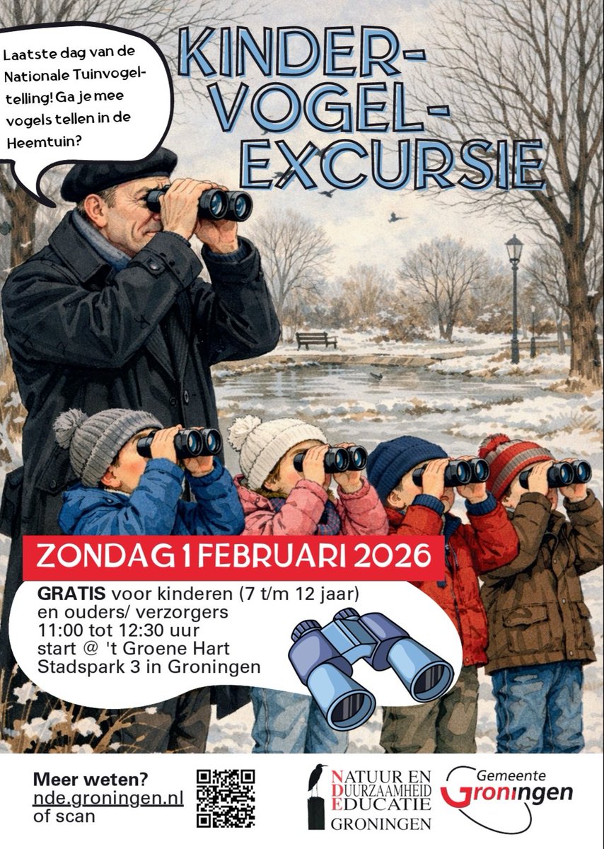 Natuur- en Duurzaamheid Educatie Groningen (NDE) organiseert een kinder-vogel-tel-excursie in het Stadspark! Zondag 1 feb 2026; Kinderen (7 t/m 12 jaar); Tijd: 11-12.30 uur; Duur: 1,5 uur; Start @ ’t Groene Hart (Stadspark 3). Meer info en aanmelden via: nde.groningen.nl/kinder-vogelex…