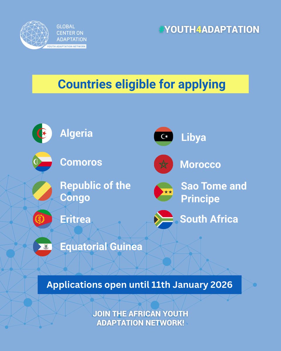 GCAdaptation's tweet photo. Are you a youth-led organization driving climate adaptation in Eritrea, Libya, and Sao Tome?
We’re building the continent’s largest Youth Adaptation Network and seeking In-Country Focal Points to lead. Apply by 11 Jan. #Youth4Adaptation
👉 https://t.co/BFEVA234ia https://t.co/lusEROKI1L