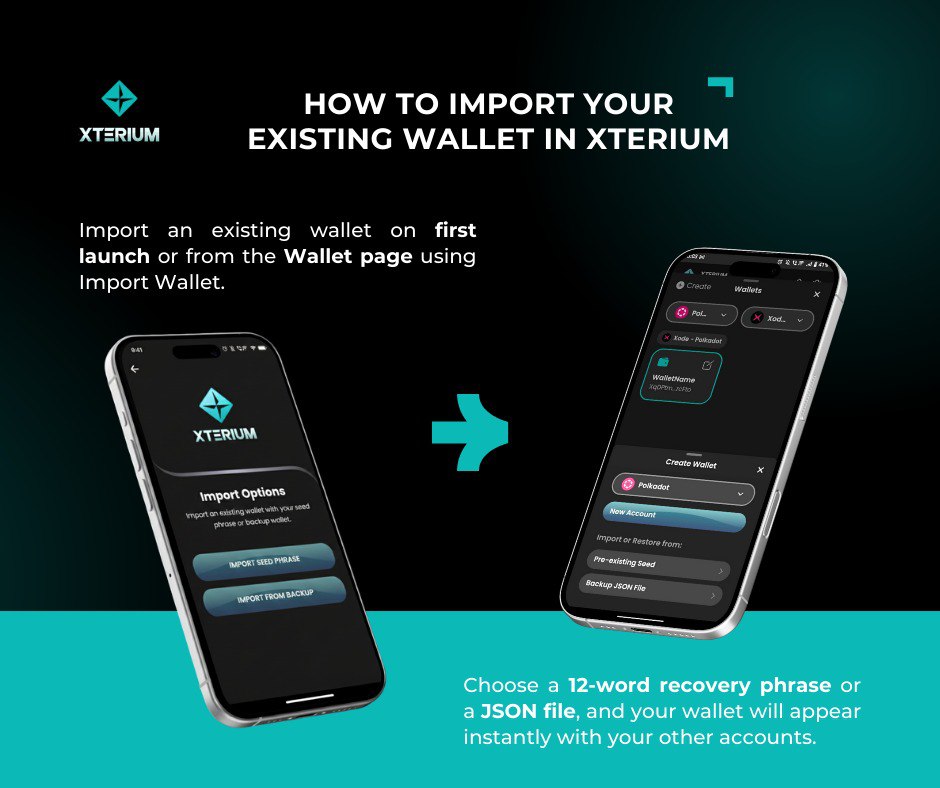 How to import your existing wallet to Xterium!

Do you already have a wallet? Import it in seconds—either on your first launch or anytime from the Wallet page. Follow the steps below and have your Xterium wallet experience to the next level.

💬 Have you imported yours yet? Tell