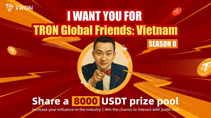 TronDao_VIE's tweet photo. 📢 TRON Global Friends – Mùa 8 chính thức khởi động!

📝 Tiếp tục đồng hành cùng #TRON, sáng tạo nội dung và chia sẻ câu chuyện về hệ sinh thái TRON tại Việt Nam
💰 Tổng giải thưởng hơn 8,000 #USDT
🌐 Kết nối, giao lưu cùng các KOL Web3 Việt Nam 
📲 Quan tâm và muốn tham gia?
👉 Nhắn tin @TronDao_VIE hoặc đăng ký: https://t.co/yGVtjAYxFA 
Chi tiết: https://t.co/Xjhoz84EBP