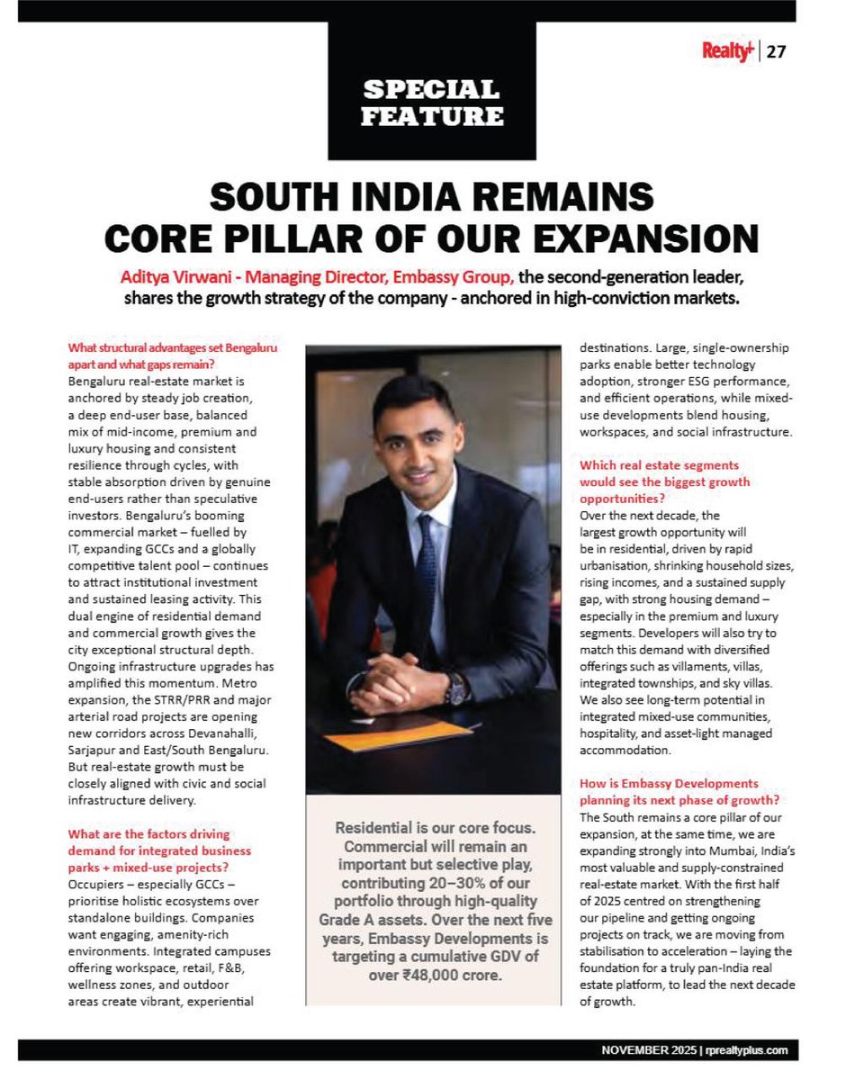 RPRealtyPlus's tweet image. “South India remains the core pillar of our expansion”. - Aditya Virwani, Managing Director, Embassy Group

👉 Read the full feature here:
rprealtyplus.com/magazine/novem…

#RealityPlus #NovemberIssue #EmbassyGroup #SouthIndiaRealEstate #Bengaluru #IntegratedDevelopments