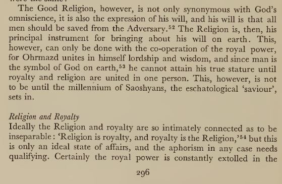 با احترام فراوان به زن زندگی آزادی 
اگر دغدغه‌ی ما فقط این پاک‌شدن‌ها و نشدن‌ها باشه که در این صورت مفهوم "شاه" در کنار "دین‌بهی" ریشه در این خاک داره، عین "فرعون" تو مصر، حرف شعاری نیست، یه واقعیت تاریخی در مورد این خاکه، چه بخوایم چه نخوایم.
طلوع و غروب زرتشتی‌گری؛ چارلز زینر