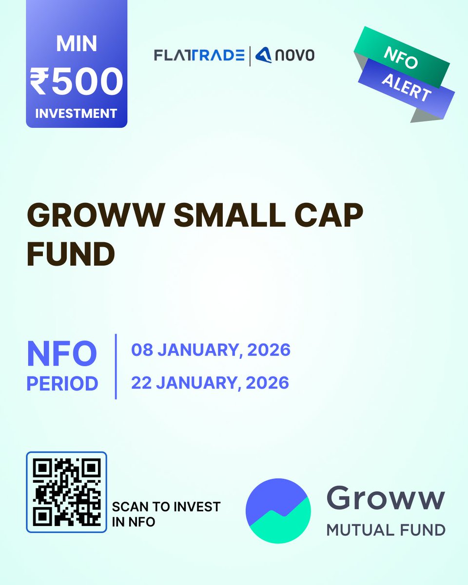Flattradein's tweet image. Groww Small Cap Fund aims to achieve long-term capital appreciation by investing in equity and equity-related securities of small-cap companies.
📅 NFO open from 08 Jan to 22 Jan 2026. 

Apply via: onelink.to/449wqx 

#GrowwMF #SmallCapFund #EquityNFO #novo #flattrade