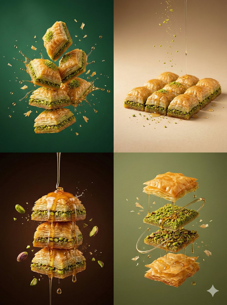 This AI image generation style focuses on creating hyper-realistic photography of desserts, particularly baklava, featuring controlled lighting and dramatic compositions to showcase texture and layers.