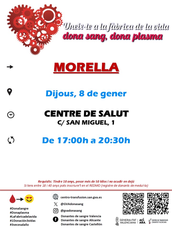 GVAdonasang's tweet photo. Dona sang a #Morella
📅dijous #8gener
Per a tractaments oncològics, intervencions quirúrgiques, trasplantaments...la teua donació de sang és insubstituïble.
Acosta't a salvar vides! https://t.co/12HP3X1Hhv