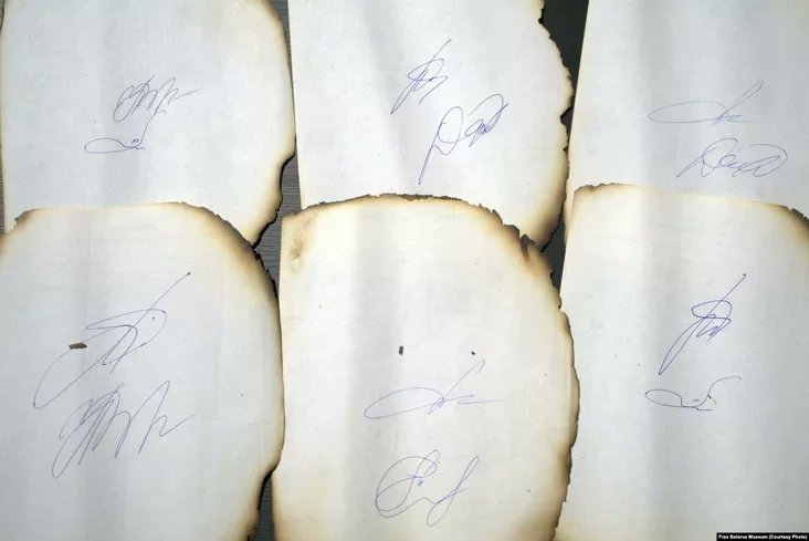 Tsihanouskaya's tweet image. The 2020 presidential election in Belarus was stolen — and the regime tried to burn the evidence.

These photos show ballots pulled from the fire after the vote, now preserved at the Museum of Free Belarus in Warsaw, thanks to former political prisoner Palina Sharenda-Panasyuk.