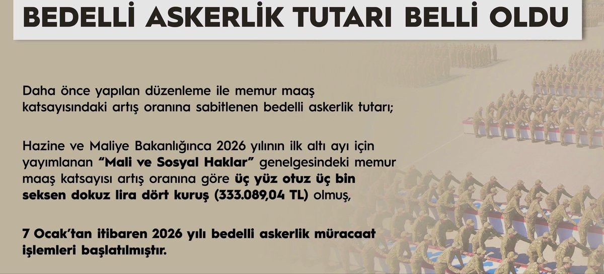 #SONDAKİKA 2026 yılı bedelli askerlik ücreti belli oldu!

#millisavunmabakanlığı 2026 yılı için bedelli askerlik ücretinin 333 bin 89 Türk Lirası olarak belirlendiğini açıkladı.

Ayrıca 7 Ocak’tan itibaren 2026 yılı #bedelli #askerlik müracaat işlemlerinin başladığı paylaşıldı.