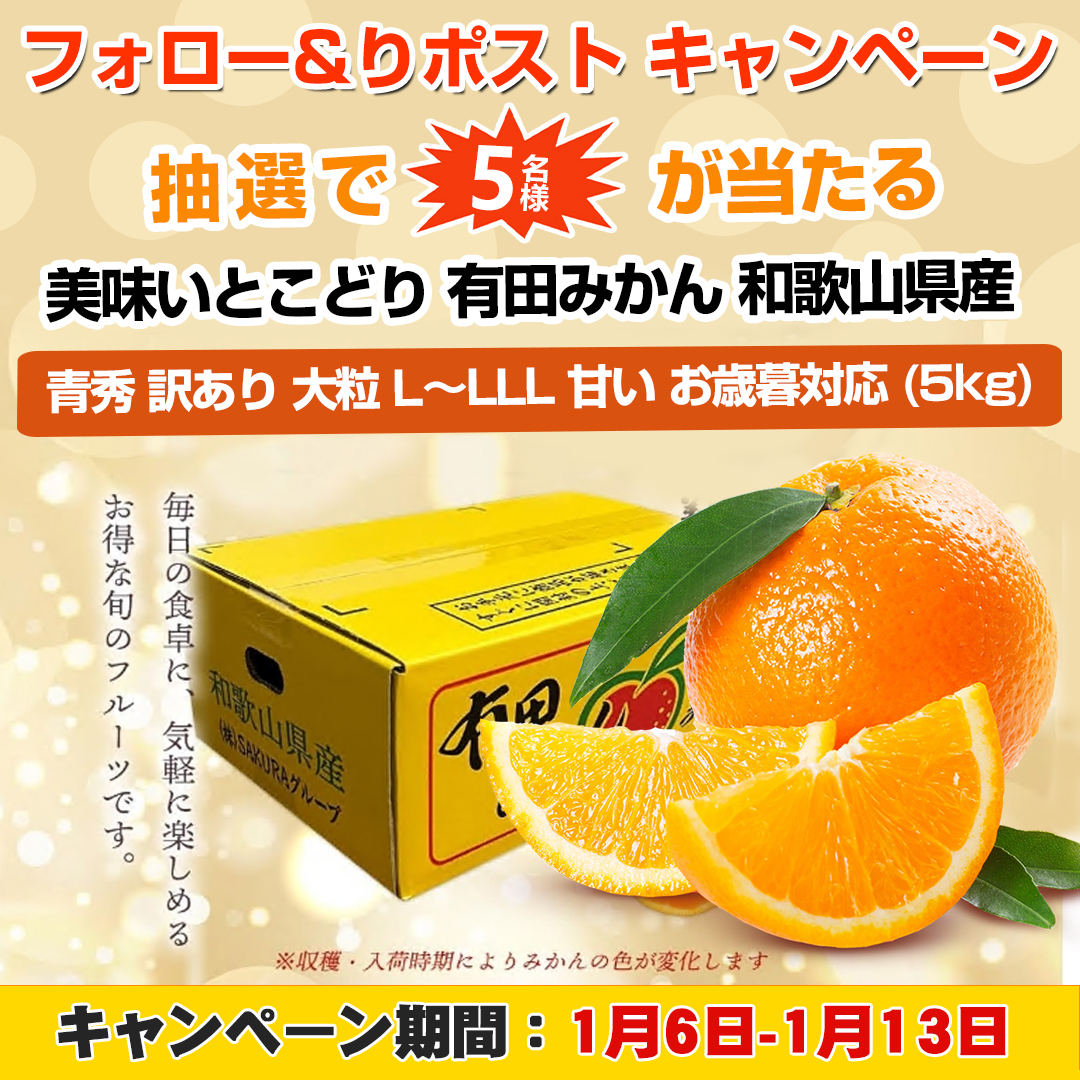 【フォロー&amp;リツイート 🍊キャンペーン】

/
🍊美味いとこどり 有田みかん 和歌山県産 青秀 訳あり 大粒 L〜LLL 甘い お歳暮対応 (5kg)

✖️#抽選で 5⃣名樣
\

本日　3⃣日目‼️

🍊応募条件：
①<a href="/gyokusen774/">🐾gyokusen～🍨プレゼントキャンペーン開催中🍫～</a>フォロー
②この投稿をRT＆いいね

〆切：1.13