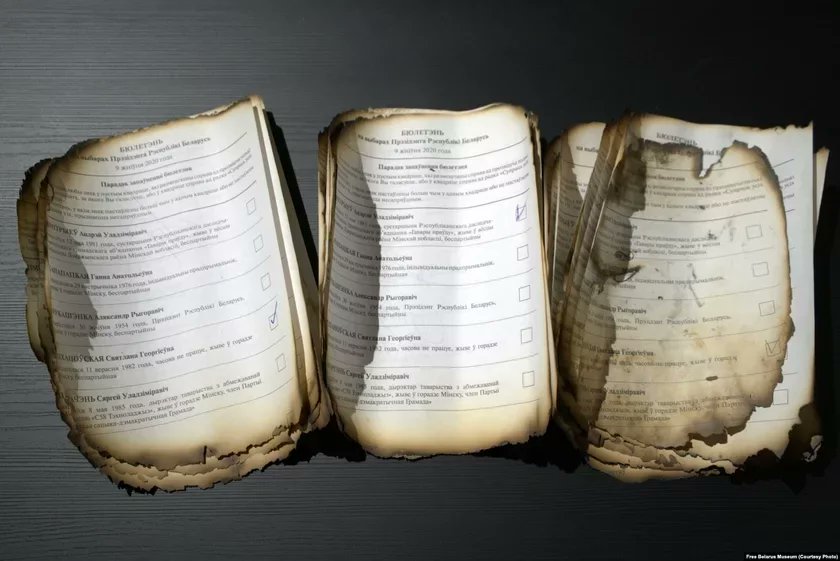 Tsihanouskaya's tweet image. The 2020 presidential election in Belarus was stolen — and the regime tried to burn the evidence.

These photos show ballots pulled from the fire after the vote, now preserved at the Museum of Free Belarus in Warsaw, thanks to former political prisoner Palina Sharenda-Panasyuk.