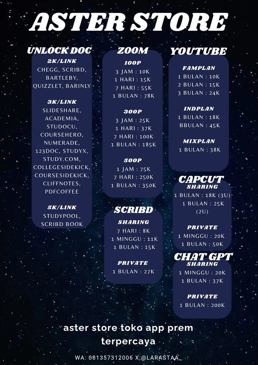 asterstoree's tweet image. Untuk pricelist ada disini yaa fwen🙂‍↕️ 
untuk pesan bisa ke wa langsung yaa 
wa.me/6281357312006💞

 🎨Canva🎨
1 hari : 2k
1 minggu : 7k
1 bulan : 10k
1 tahun : 38k