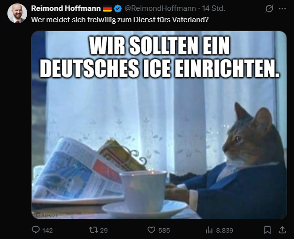Einzelne AfDler (u.a. <a href="/ReimondHoffmann/">Reimond Hoffmann 🇩🇪</a>) wollen, nachdem sie gesehen haben, wie eine dreifache Mutter von einem ICE‑Beamten erschossen wurde, ICE auch in Deutschland.
Das sagt eigentlich alles, über Teile der AfD aus und dass die nichts in Regierungsverantwortung zu suchen haben.