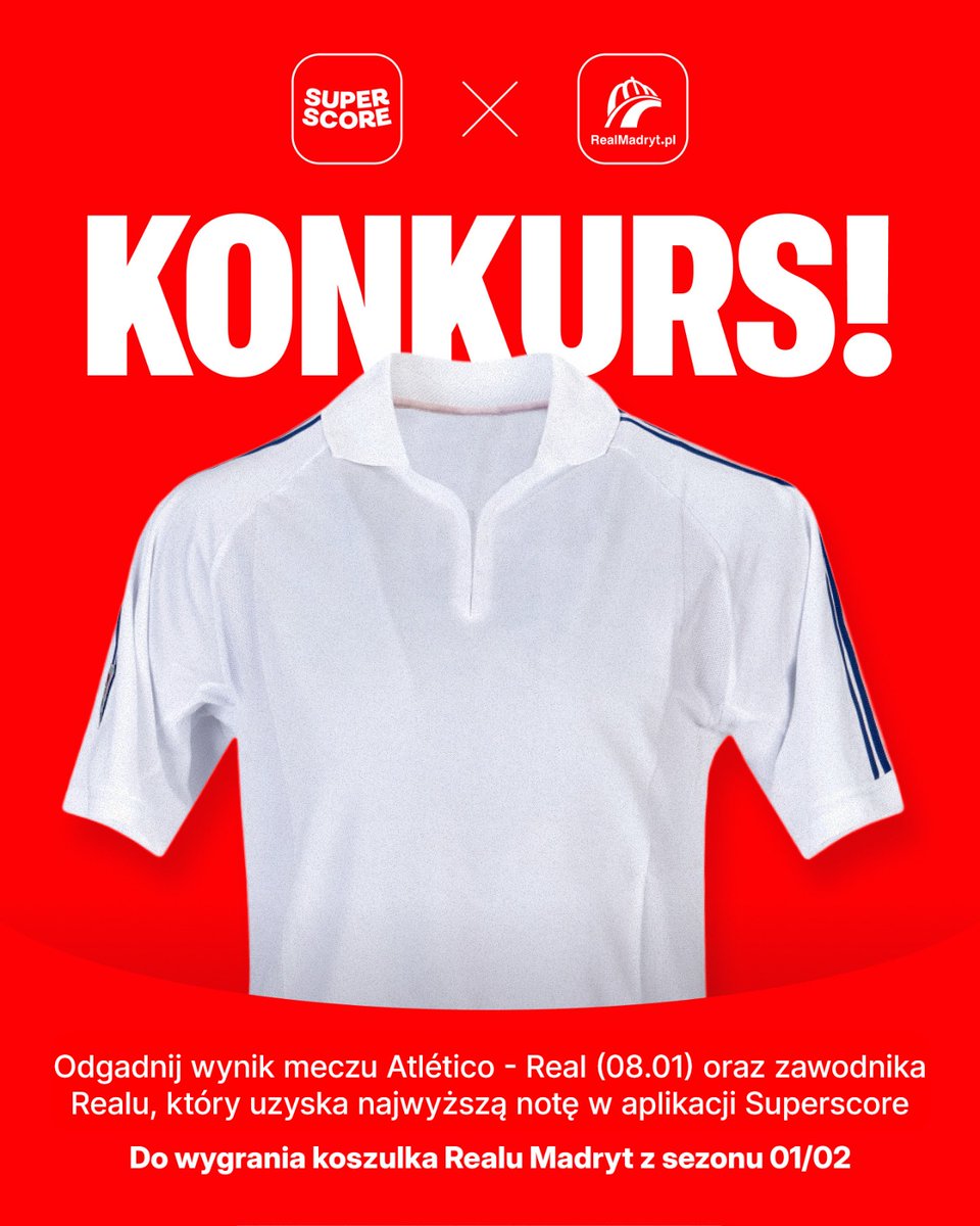 Rozpoczynamy współpracę z aplikacją <a href="/superscorepl/">Superscore Polska</a> i mamy dla Was konkurs! Do wygrania jest nowa i oryginalna koszulka Realu Madryt z sezonu 2001/02 wersja z Ligi Mistrzów w rozmiarze L 👕

Udział w konkursie można wziąć na naszym profilu na Facebooku, gdzie znajdziecie też