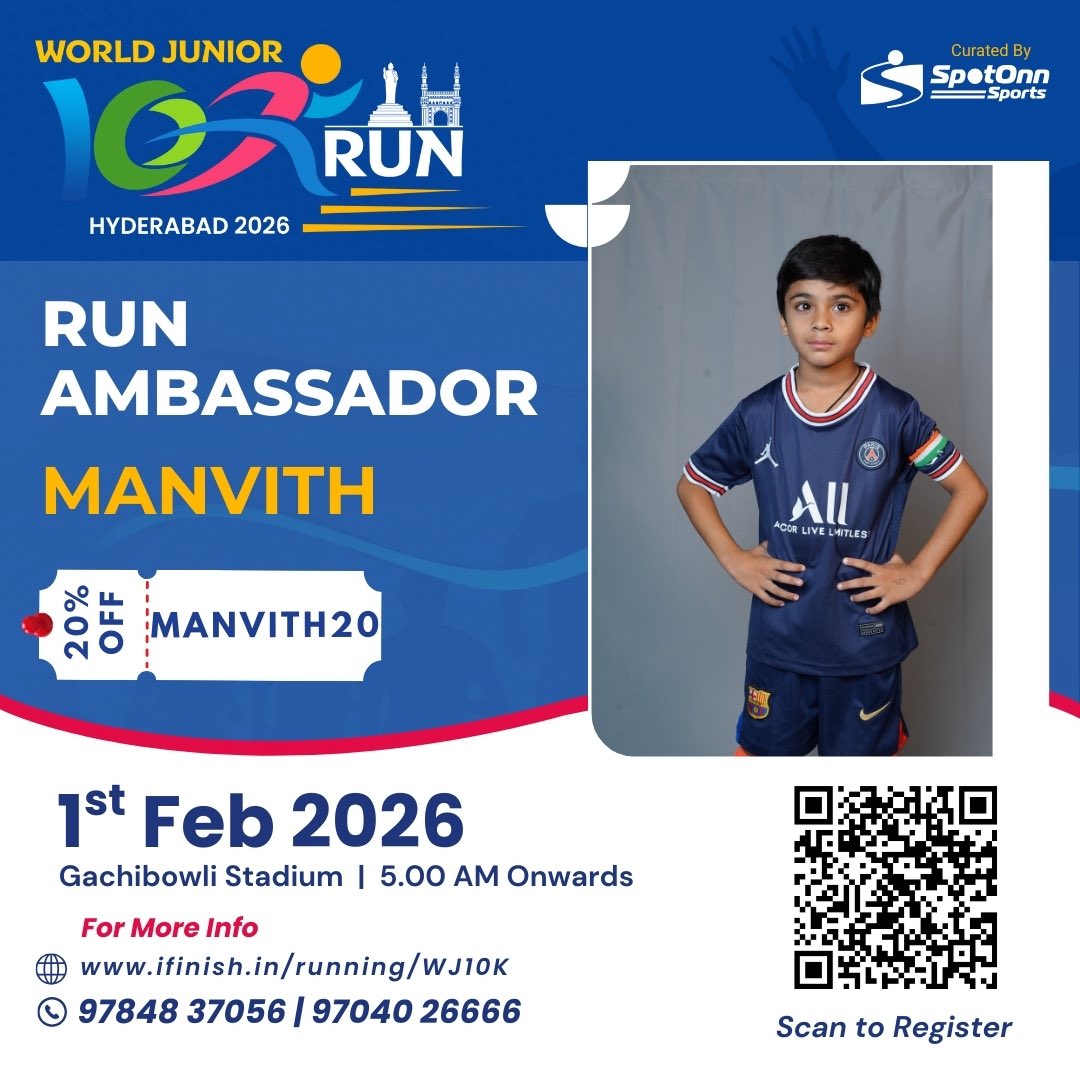 wjunior10krun's tweet photo. 🌟 Meet Our Young Mentor – Manvith

At just 8 years old, Manvith is already inspiring thousands! 🏃‍♂️⚽

👉 Register Now: https://t.co/jQbFgQ7GJt

#WorldJunior10K #YoungMentor #RunForKids #FutureChampions #HyderabadRun #KidsFitness #JuniorAthletes https://t.co/m9rQ8Psi57