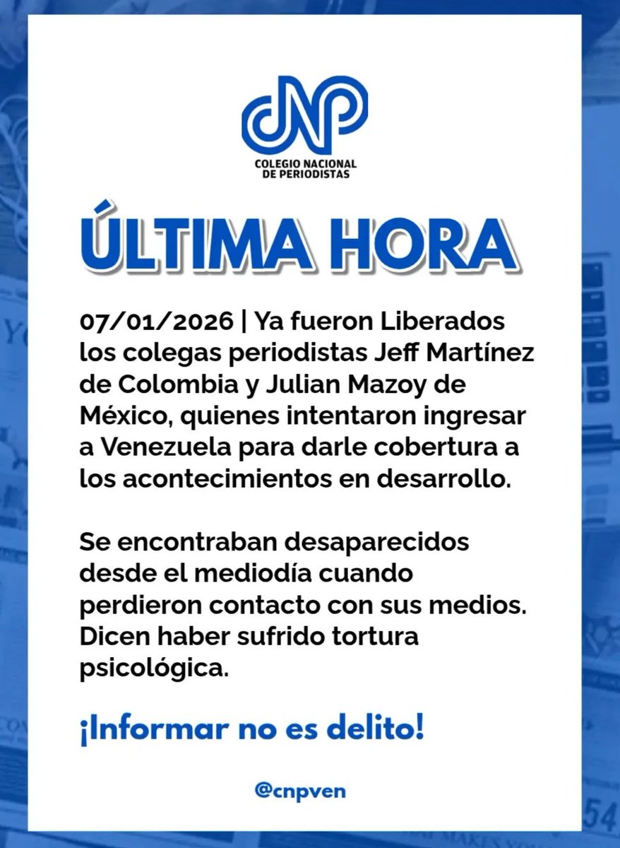 #UltimaHora Ayer fueron liberados colegas #periodistas Jeff Martínez de #Colombia y Julián Mazoy de #Mexico quienes dicen haber sido víctimas tortura psicológica #Venezuela #Atencion <a href="/RELE_CIDH/">Relatoría Especial p/la Libertad Expresión (CIDH)</a> <a href="/PVacaV/">Pedro Vaca V.</a> <a href="/CorteIDH/">Corte Interamericana de Derechos Humanos</a>  <a href="/CIDH/">CIDH - IACHR</a> <a href="/OEA_oficial/">OEA</a> <a href="/ONU_derechos/">ONU Derechos Humanos - América del Sur</a> <a href="/antonioguterres/">António Guterres</a>  <a href="/UEenVenezuela/">Unión Europea en Venezuela 🇪🇺🇻🇪</a>