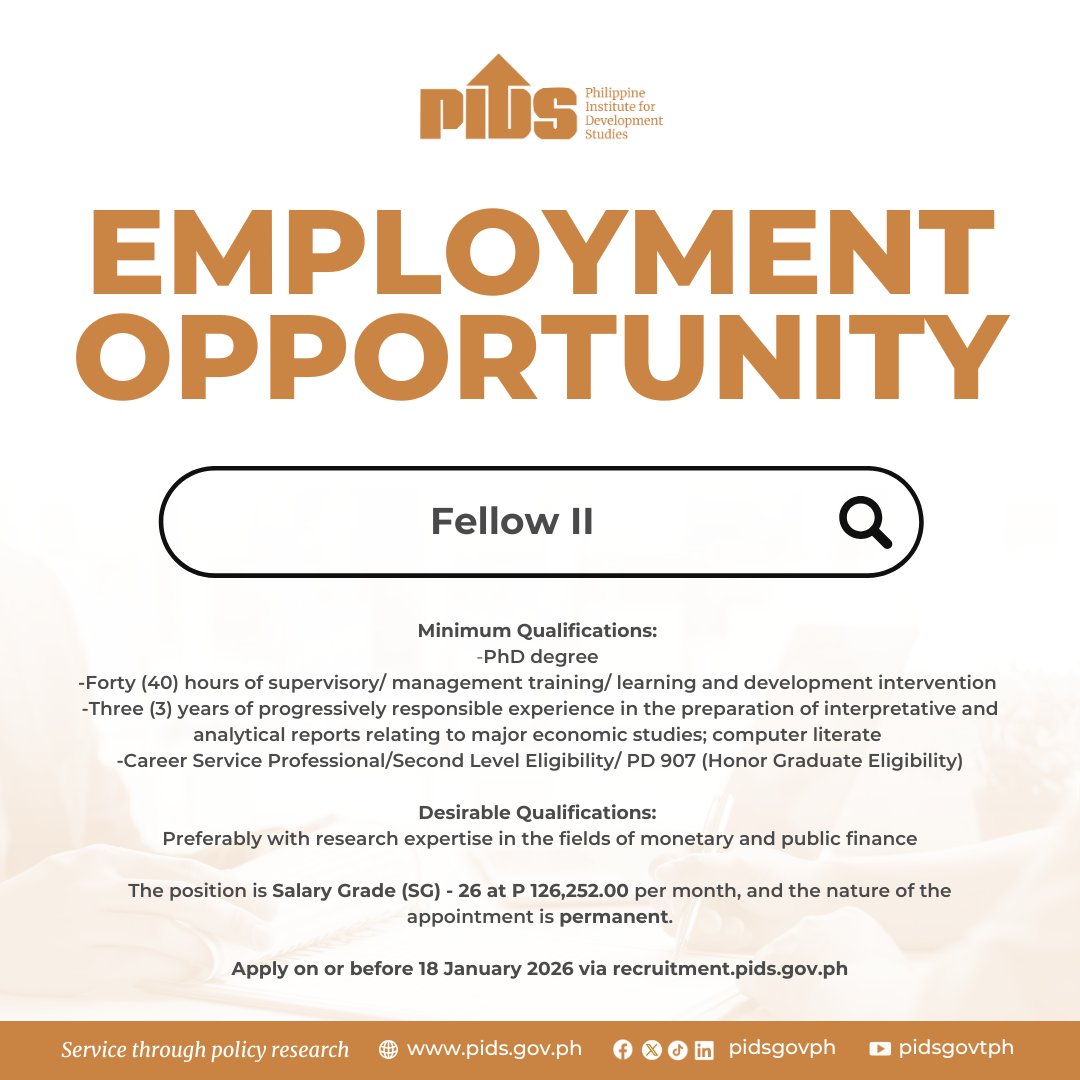 pidsgovph's tweet image. 𝐄𝐌𝐏𝐋𝐎𝐘𝐌𝐄𝐍𝐓 𝐎𝐏𝐏𝐎𝐑𝐓𝐔𝐍𝐈𝐓𝐘

Details of this vacancy are available at recruitment.pids.gov.ph/applicants/emp…

For inquiries, email recruitment@pids.gov.ph.

To apply, go to recruitment.pids.gov.ph