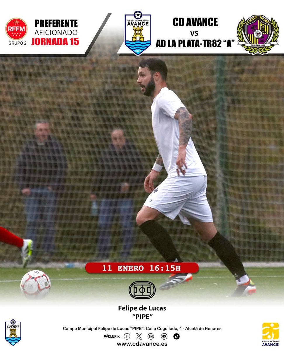 cdavance's tweet image. CD Avance vs AD La Plata-TR82 "A"
⚽️ Preferente Aficionado - Grupo 2
Jornada 1️⃣5️⃣
📆 11 de enero
🕕 16:15h
🏟 Felipe de Lucas "PIPE"
@ADLaPlataTR_82
@RFFM_oficial
#somosdelavance