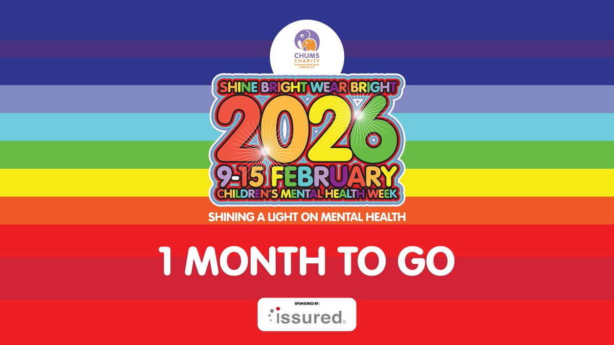 chumscharity's tweet photo. 📢 1 MONTH TO GO! 📢

Join our #SBWB26 campaign this Feb for Children’s Mental Health Week! Sign your school up to fundraise for CHUMS and you could WIN a £400 Amazon voucher thanks to Issured! 🏆✨

Get your pack: https://t.co/FxS1A65oza Email: claire.feasey@chumscharity.org https://t.co/6N4Z00f3IV