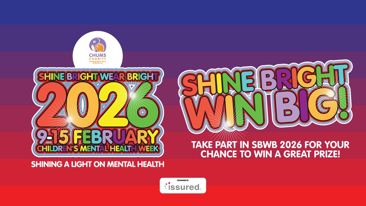 chumscharity's tweet photo. 📢 1 MONTH TO GO! 📢

Join our #SBWB26 campaign this Feb for Children’s Mental Health Week! Sign your school up to fundraise for CHUMS and you could WIN a £400 Amazon voucher thanks to Issured! 🏆✨

Get your pack: https://t.co/FxS1A65oza Email: claire.feasey@chumscharity.org https://t.co/6N4Z00f3IV