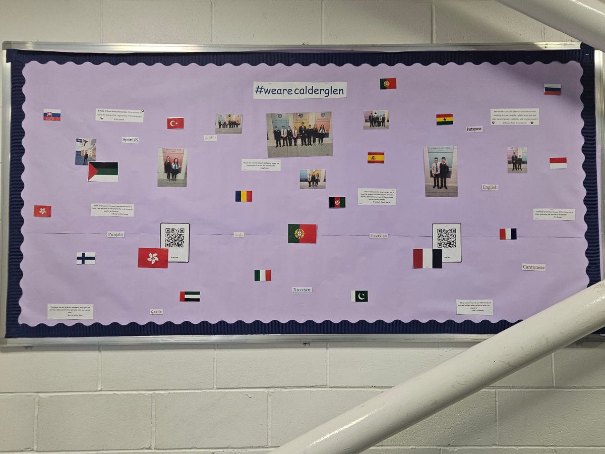adam_black23's tweet photo. What a wonderful celebration of our school diversity! Flags showing the range of languages spoken and QR codes to hear some young people speaking them. #diversity #wearecalderglen @CglenHighSchool https://t.co/mEGNYXfO37