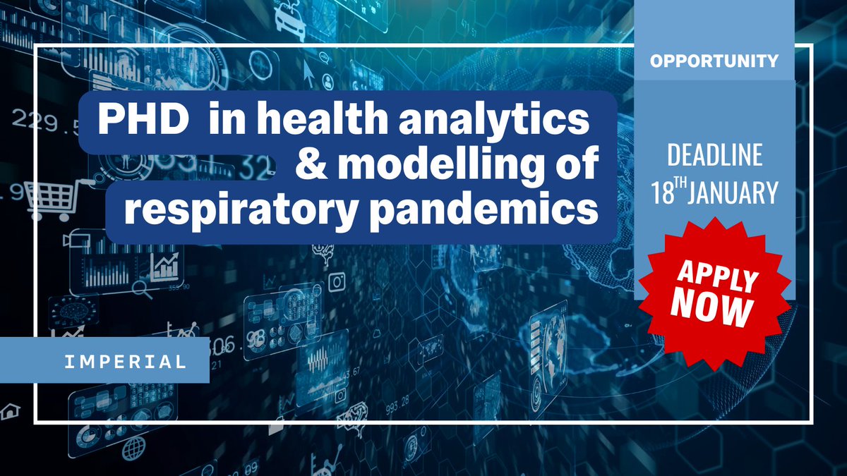 MRC_Outbreak's tweet photo. OPPORTUNITIES! Always wanted to do a PhD in health analytics? Check out these fully funded @NIHRresearch studentships (application deadline 18 January):

💼PhD in health analytics &amp; modelling of respiratory pandemics
✏️Find out more &amp; apply: https://t.co/gRXd7VKGvd https://t.co/bY5gf6sWRH