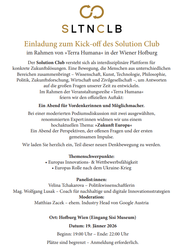 LobbyderMitte's tweet photo. Die großartige Politikwissenschaftlerin @vtchakarova und ich werden am 19.1.26 um 19:00 in der @hofburg im Rahmen des Solution Club  zum Thema "Zukunft Europa" sprechen. Veranstalter und Produzent ist @PaulWeichesmiller : https://t.co/2xOGRf89Pc https://t.co/qICjbR8gz8