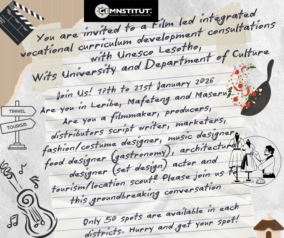 GemInstLS's tweet photo. Vocational Education is key as we develop curriculum mechanisms that will elevate Culture and Creative Industries as an important sector for economic growth in Lesotho starting now.

Register here to participate:Only 50 participants in each district. Hurry!First come first served https://t.co/jLlRT5KBqi