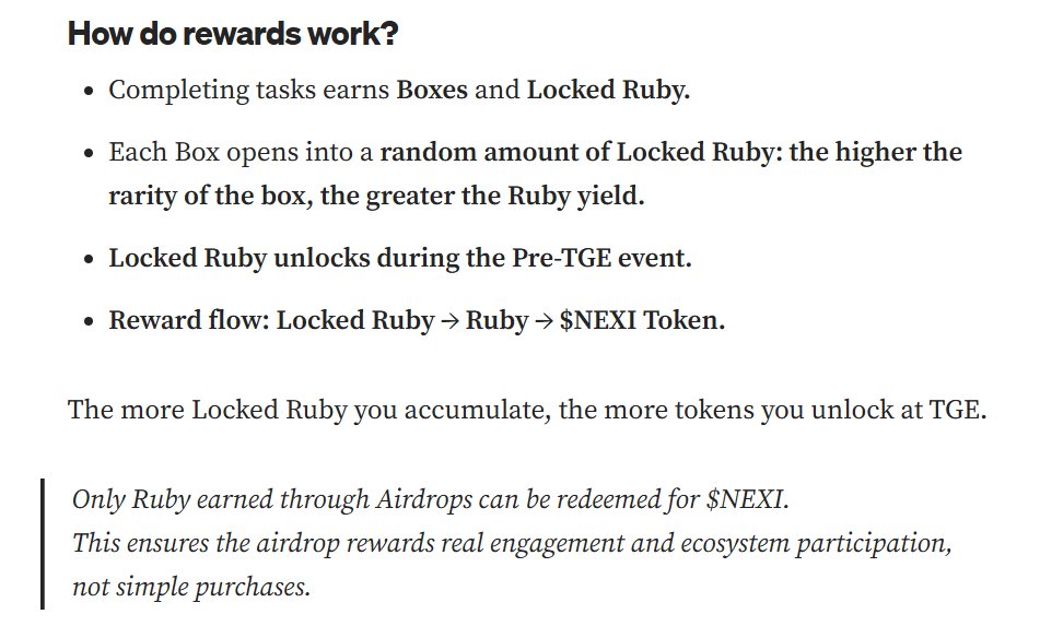 Microtech_Mt's tweet photo. 🎮 New Gaming Airdrop Alert — @NexiraDAEP ($NEXI)
If you missed Mavia’s early rewards in 2024, don’t sleep on this 👀
Nexira is their gaming-focused ecosystem and they’ve launched a RUBY points campaign.

🧵 Why worth doing?
• Zero-cost tasks
• Backed by @MaviaGame
• Referrals capped (fair for small users)
🛠 How to join:
1️⃣ Sign up with Gmail
:- https://t.co/i0KD8zJfJX

2️⃣ Connect wallet + Discord + X + Telegram
3️⃣ Daily check-ins
4️⃣ Finish social tasks
5️⃣ Invite up to 5 friends (earn extra points)
💎 50M RUBY points pool
More points = more $NEXI at TGE
Not expecting moon numbers 🌕
But free participation + solid background = no-brainer

👇 Drop your referral link in replies & help each other finish invites
#Airdrop #CryptoAirdrop #GamingCrypto #NEXI