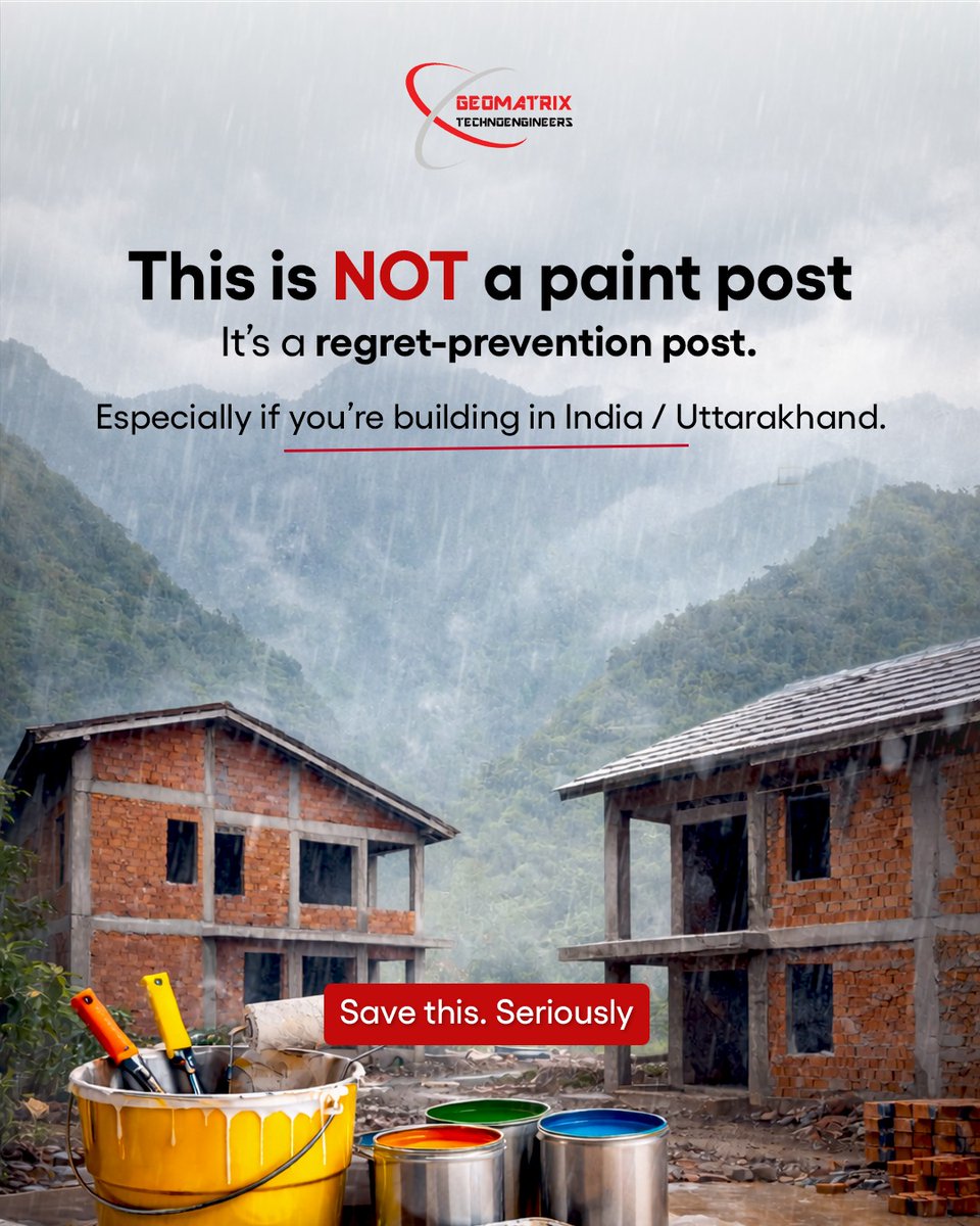 Geomatrix__'s tweet photo. Paint is not protection. Planning is.

Uttarakhand weather exposes weak construction within 18–24 months.
घर बनाते समय sirf paint nahi, proper site planning &amp; structural design matter karta hai.

See this explained visually here 👉 
https://t.co/5XSdEg9HjJ https://t.co/AASxFIlsfY