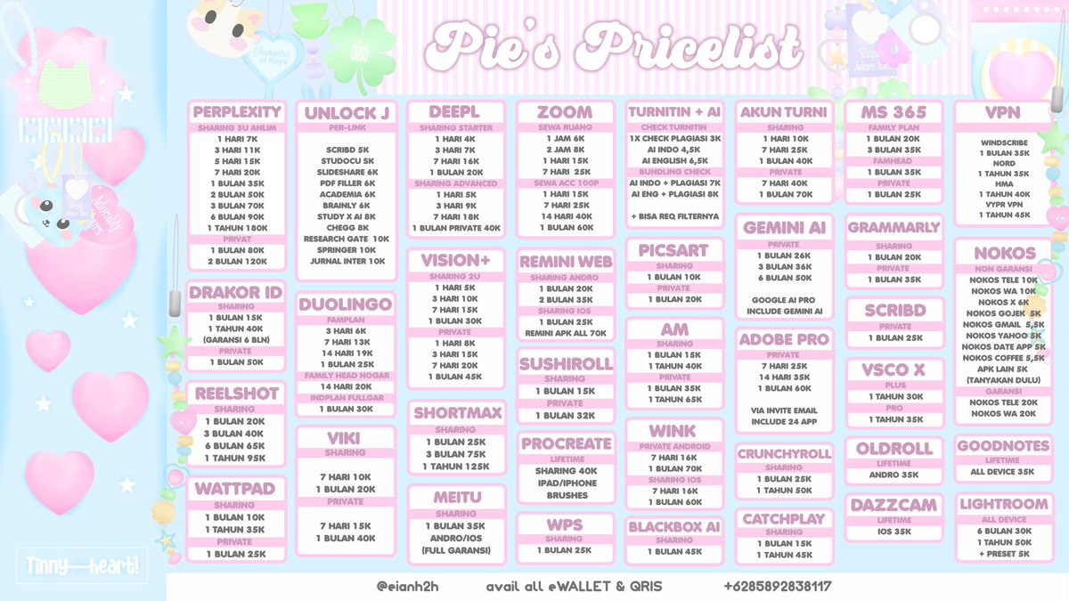 tkipis's tweet image. 👧🏻🍄 ハーツ。pie'store open orders! app prem, robux, nokos, sosneed, cv &amp;amp; more ╭╯🌟🐟 𖠗

𖦹˖°  harian — tahunan
𖦹˖°  qris / e-wallet
𖦹˖°  fast respon, proses &amp;amp; full garansi
𖦹˖°  testi ; tiny.cc/testipunyapie

 ⊹ ﹏ order here : wa.me/6285892838117 🧸  . .  ルメ。%