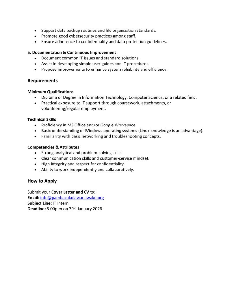 PMagharibi's tweet photo. 📢 Vacancy: IT Intern
PALAWAMA is hiring an IT Intern for a 6-month full-time internship based in Kisumu.
📅 Start: 1 Mar 2026
📩 Apply: info@pambazukolawanawake.org
📌 Subject: IT Intern
⏰ Deadline: 30 Jan 2026 | 5pm
#ITIntern #InternshipKE #NGOJobs#kaziikoke#palawamaadbocates https://t.co/n8leohRiPv
