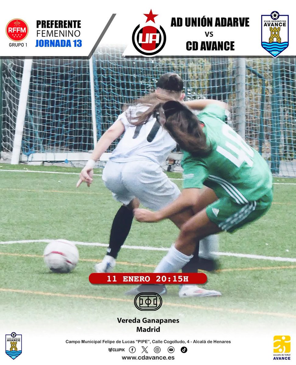 cdavance's tweet image. AD Unión Adarve vs CD Avance
⚽️ Preferente Femenino - Grupo 1
Jornada 1️⃣3️⃣
📆 11 de enero
🕕 20:15h
🏟Vereda Ganapanes (Madrid)
@UnionAdarve
@RFFM_oficial
#somosdelavance