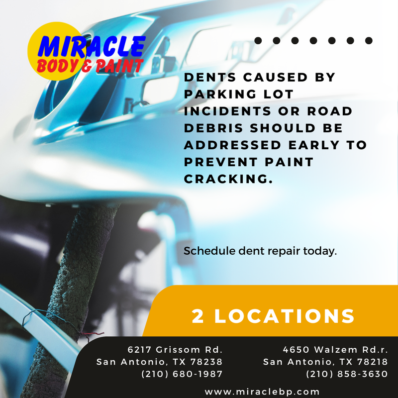 MiracleBody's tweet image. Dents caused by parking lot incidents or road debris should be addressed early to prevent paint cracking. Schedule dent repair today. #DentRepair #AutoCare rfr.bz/t5e42eb