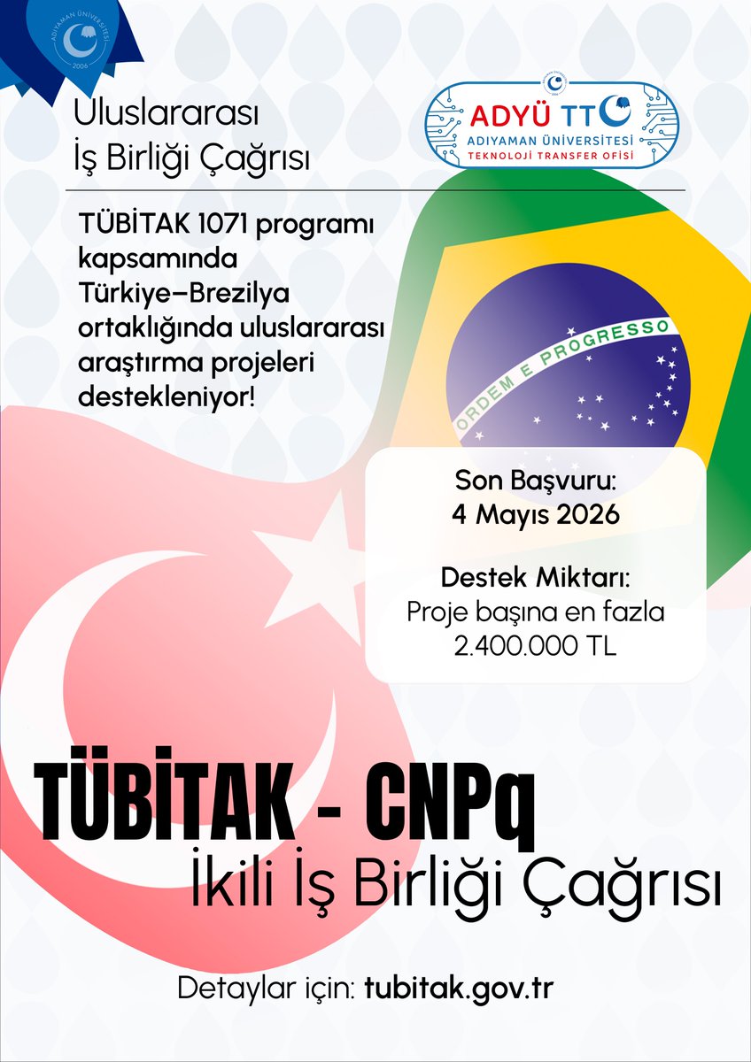 AdyuTto's tweet photo. 🌍 TÜBİTAK–CNPq (Brezilya) İkili İş Birliği Çağrısı!

🔗https://t.co/7aX8BmDIt3 https://t.co/rHFH5GFvUn