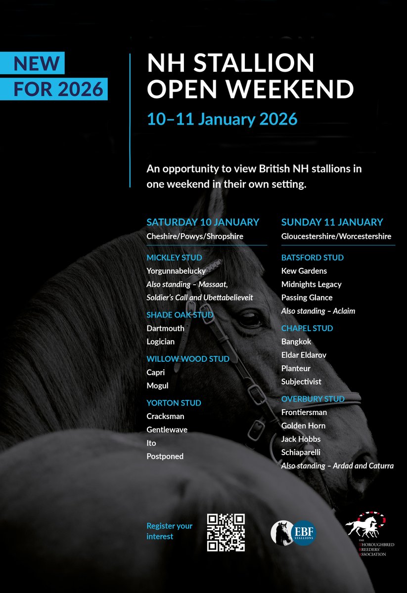 bloodstocknews's tweet image. National Hunt Stallion Open Weekend🏇

New for 2026, take the opportunity to view the stallions in their own setting, this weekend‼️

Register here⬇️
thetba.co.uk/latest/ems-eve…