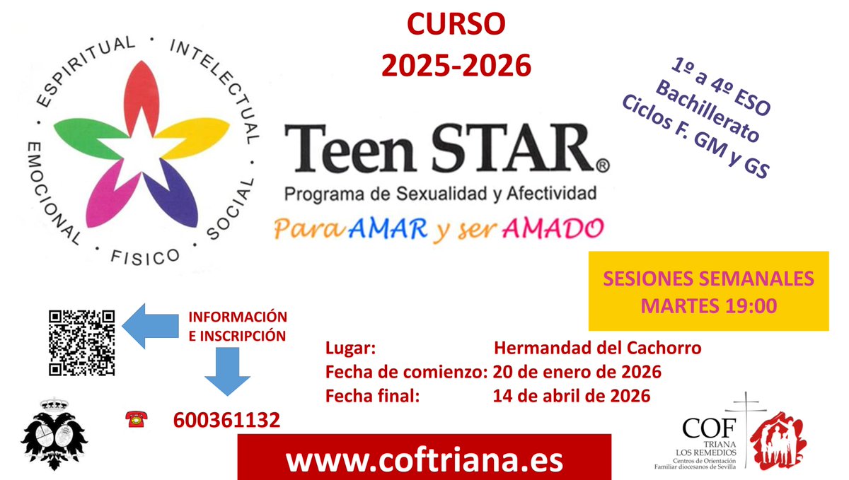 Reunión informativa para padres: martes 13 de enero a las 19 00. Hermandad del Cachorro 
Más información e inscripción:
coftriana.es/cursos/educaci…