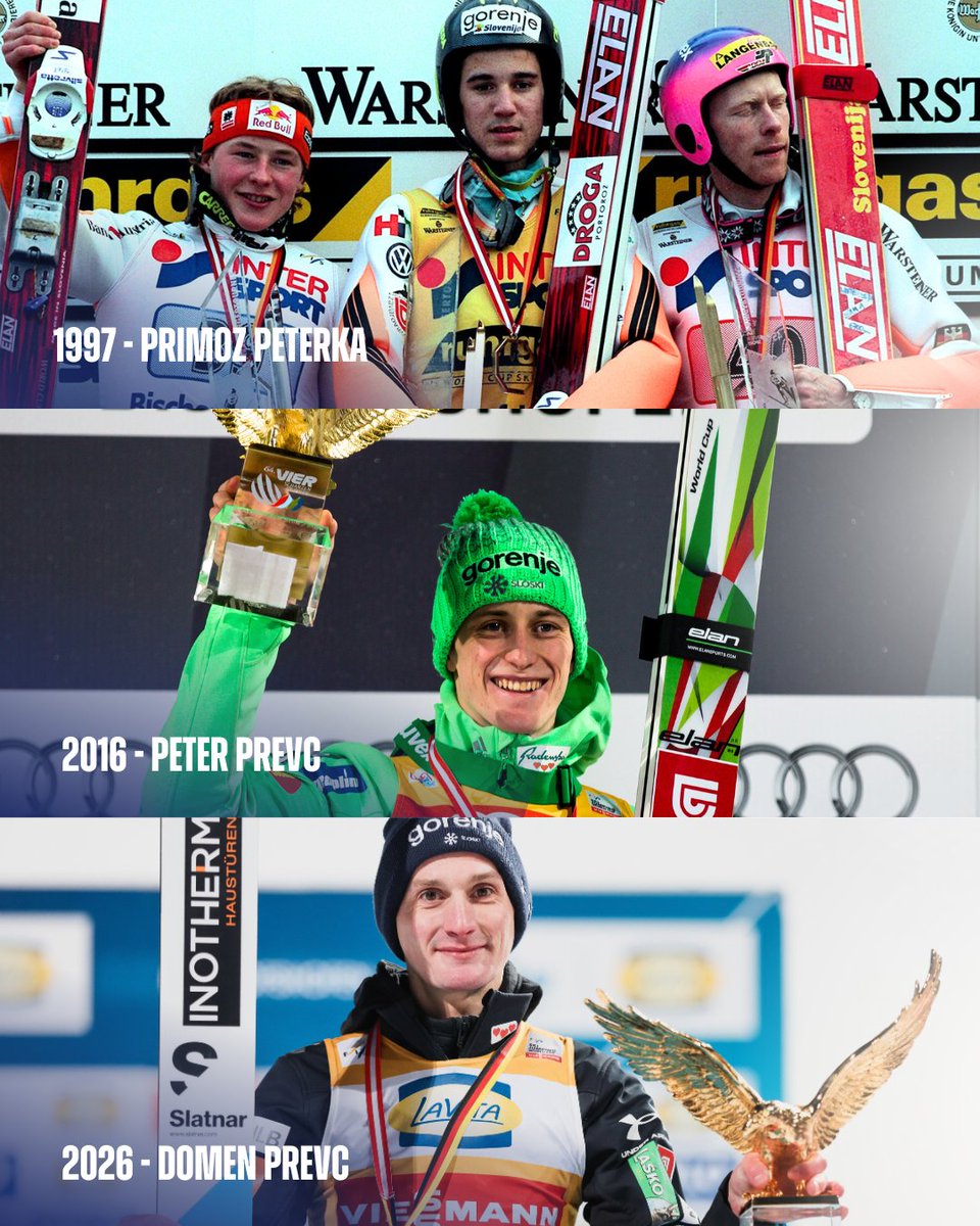 Slovenian 🇸🇮 Four Hills Tournament winners 🦅🦅🦅

1997 – Primoz Peterka 🇸🇮
2016 – Peter Prevc 🇸🇮
2026 – Domen Prevc 🇸🇮

#fisskijumping #4hillstournament
