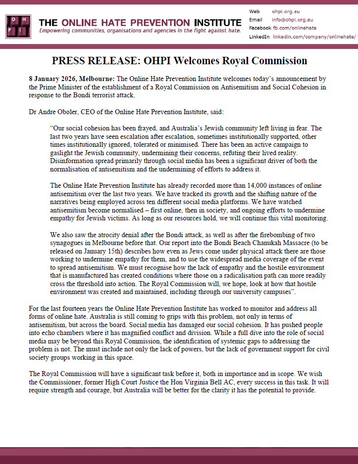 OnlineHate's tweet image. PRESS RELEASE: @OnlineHate welcomes announcement of a Royal Commission on Antisemitism and Social Cohesion in response to the Bondi terrorist attack. ohpi.org.au/ohpi-welcomes-…