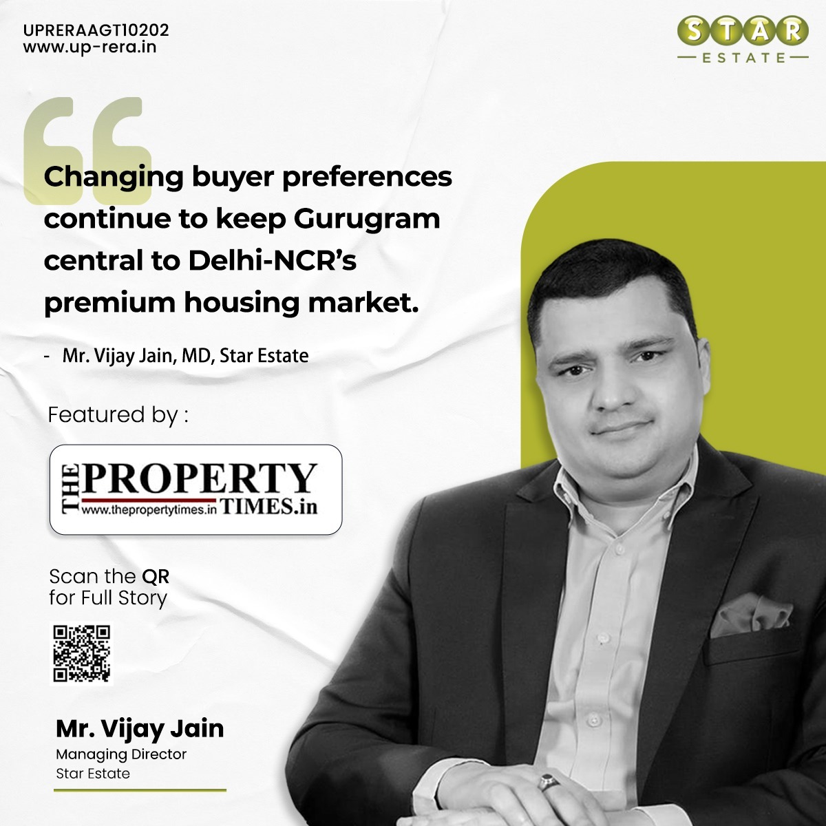 Mr. Vijay Jain, MD of Star Estate, shares expert insights on why Gurugram continues to lead NCR’s premium housing market amid evolving buyer preferences.

Featured on: The Property Times News
Date: 7 Jan 2026

#GurugramRealEstate #NCRRealEstate #LuxuryHousing #StarEstate