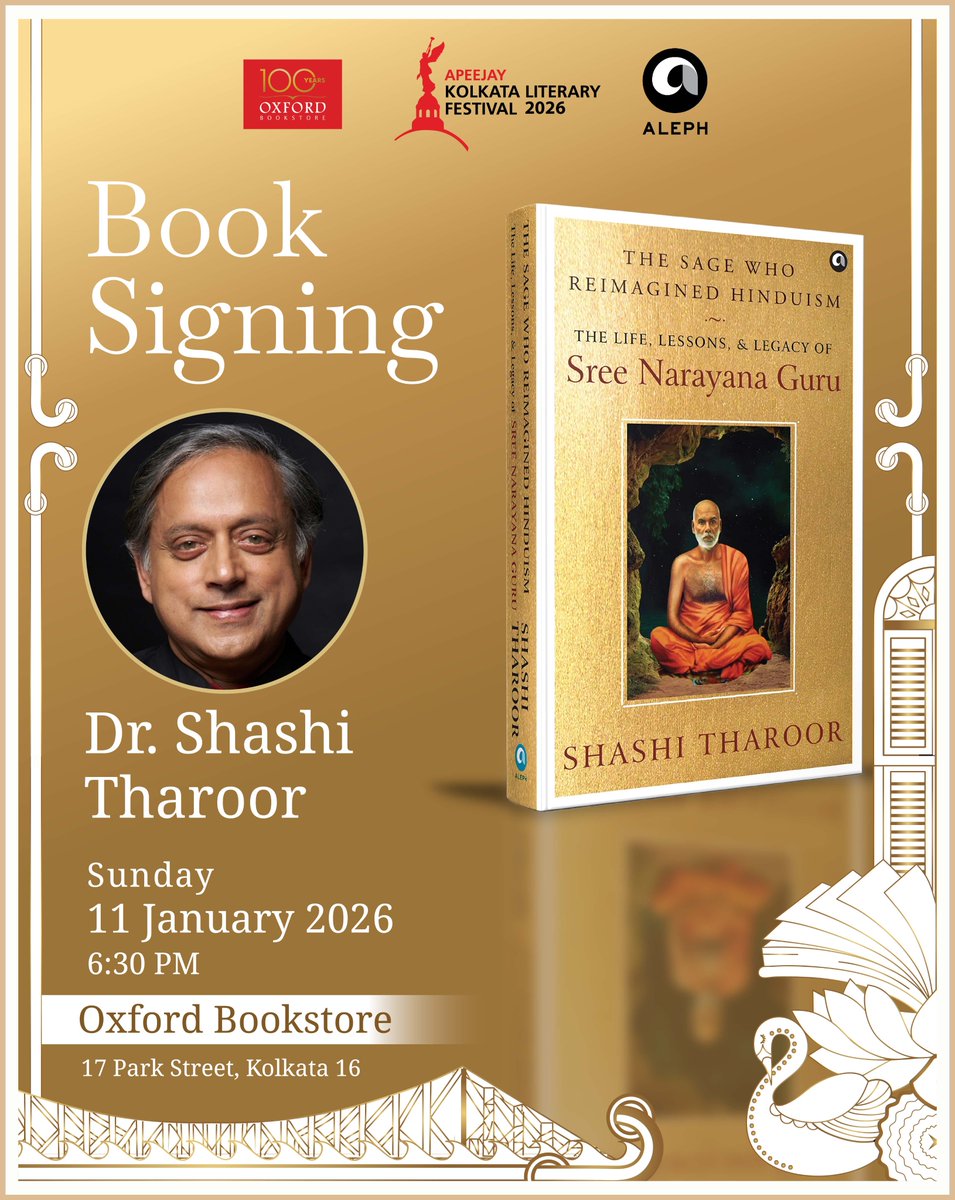 TheAKLF's tweet photo. #Kolkata , join us on 11th January 6:30 PM for the book signing of #TheSageWhoReimaginedHinduism by
@ShashiTharoor at Oxford Bookstore Park Street and get your copies signed. 
@AlephBookCo https://t.co/sZNILSRbqi