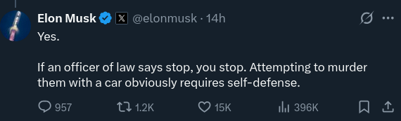 He spent several hours last night amplifying every post he could find justifying the murder of an innocent woman by Trump's Gestapo. 

When he wakes up today, expect him to get back to telling Europeans to rise up against their "oppressive tyrannical governments".
