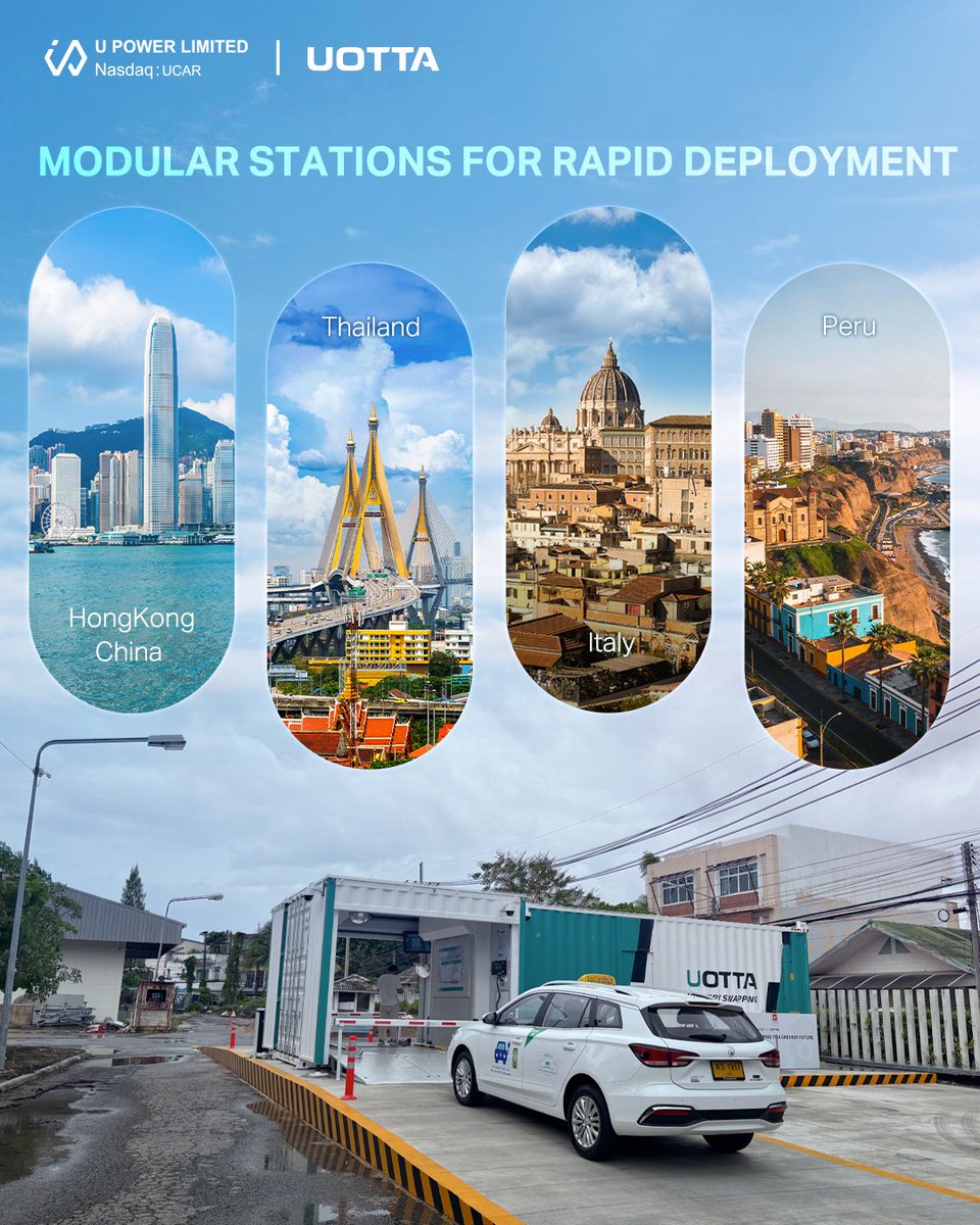 UPOWER_NET's tweet image. 📦⚡ Energy infrastructure doesn’t have to take months to build.

With U Power’s container-based modular battery swapping stations, cities can unlock fast, flexible energy coverage that’s deployed in just days.

#UPower #UOTTA #BatterySwap