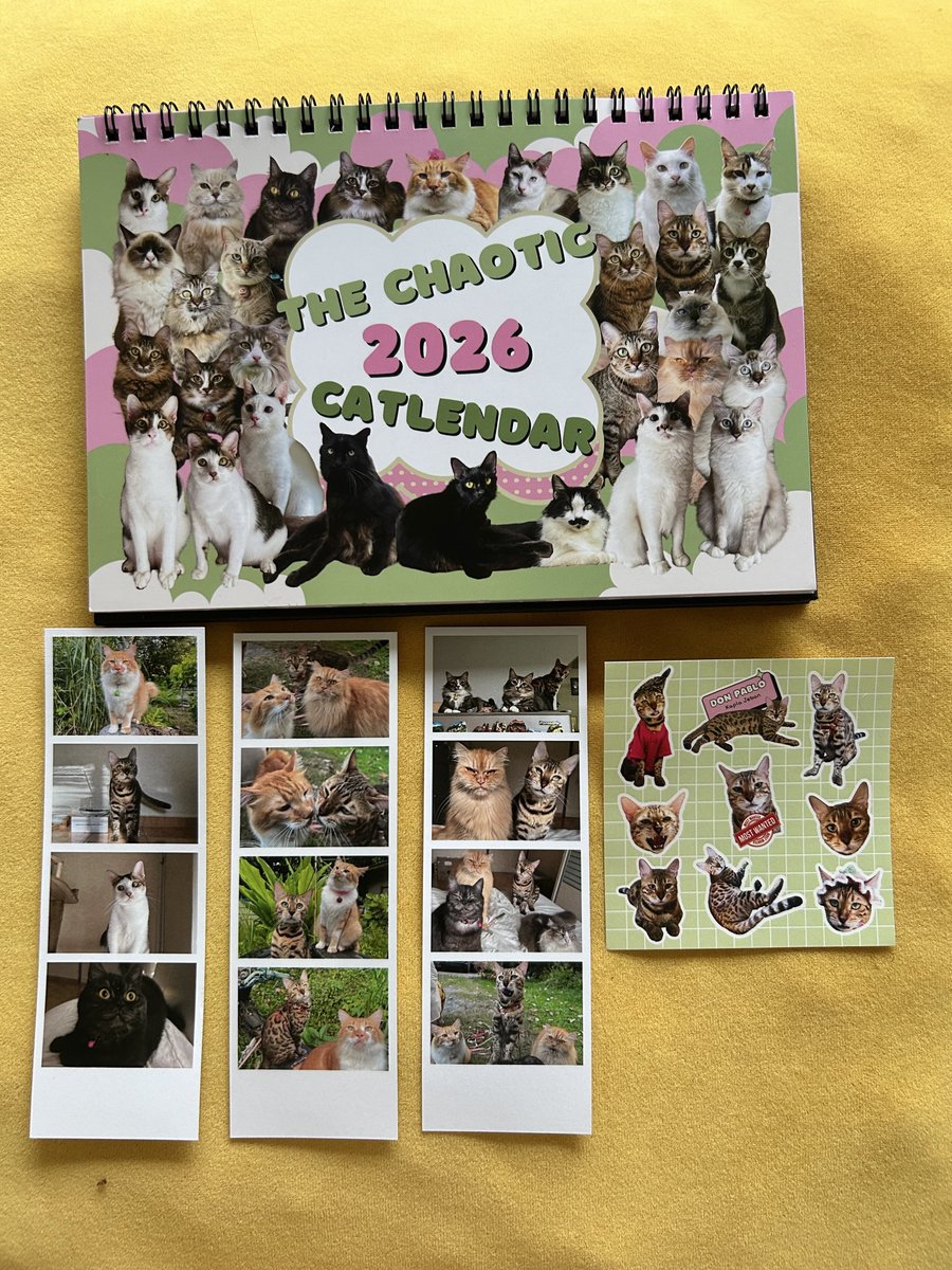 Tahun 2026 ni tahun strawberry matcha, kalendar pun kena la ikut tema 🍓🍵juga hihi. 
Boleh tak tolong spread tweet ini. Saya jual kalendar kucing sebab nak buat rumah kucing!