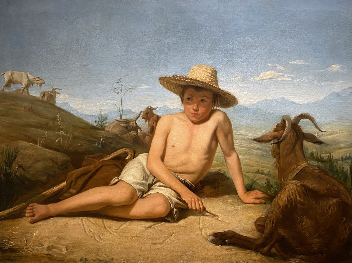 PepaMonteroM's tweet photo. #cuadrodeldía Giotto guardando cabras 1850 (Léon #Bonnat 1833-1922) #MuseoBonnatHelleu Bayona #art Realista francés que vivió de niño en España. Se formó en el Prado y rendía culto a Velázquez. Obras de gama cromática terrosa, fondos neutros, cierto aire de gravedad #FelizJueves https://t.co/1H0sLwsjNn