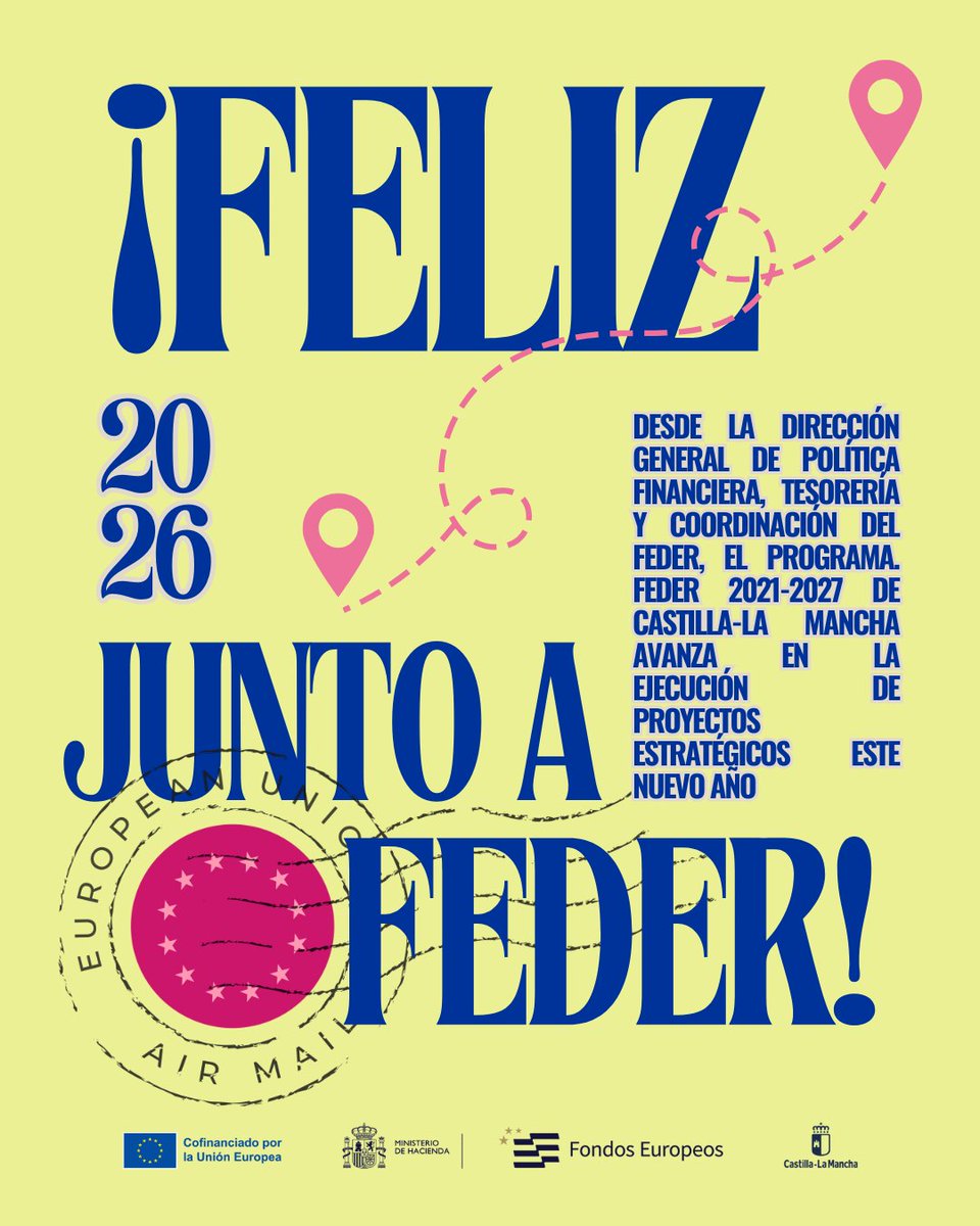 federclm's tweet photo. 🚀 2026 arranca con nuevos retos para el Programa #FEDER 2021-2027 de Castilla-La Mancha

🔄 Tras la reprogramación, avanzamos con nuevos objetivos y proyectos estratégicos orientados a la competitividad, la sostenibilidad y la cohesión social

🏅Seguimos avanzando juntos https://t.co/FnriFiArOf